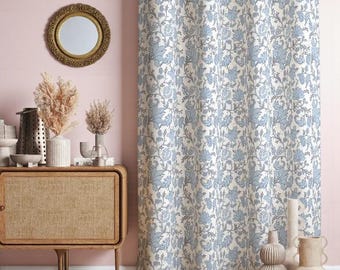 Blue Floral French Country Curtains, Cottagecore Botanical Drapes