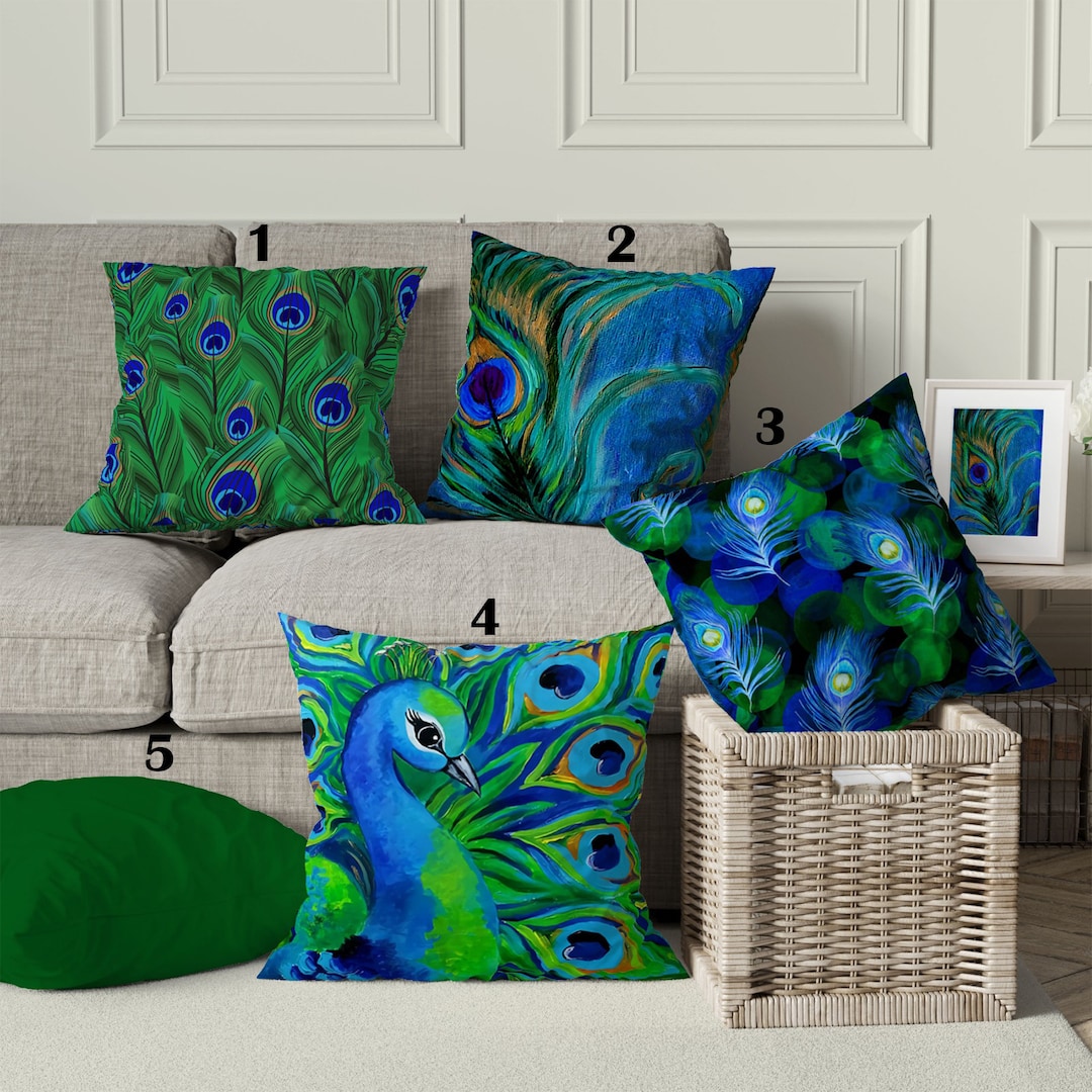 Peacock Pillow Cover, Peacock Cushion Cover, Green Blue Peacock Tail