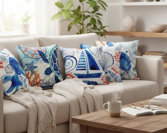 Nautical Sea Life Pillow Cover, Beach Decor Pillow, Navy Marine Pillow Cover, Nautical Cushions, Coastal Throw Pillow, Nautical Decor