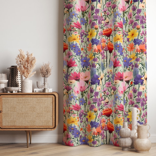 Floral Curtain Panels, Flowers Print Curtains, Vintage Retro Floral Curtain, Colorful Spring Floral Style Living Room Curtain