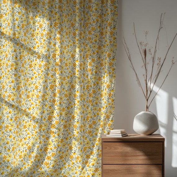黄色の花柄カーテン、モダンヴィンテージ花柄カーテンパネル、レトロな
