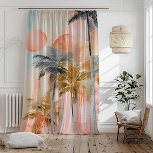 Tropical Palm Tree Curtains, Watercolor Sunset Drapes, Boho Beach Curtain Panel, Soft Tropical Window Curtain, Hawaii Panel Curtain
