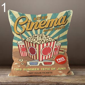 Retro Vintage Cinema Pillowcase, Retro Movie Night Pillow Cover, Mid Century Style Movie Hollywood Throw Pillow Case, Cinema Cushion Cover