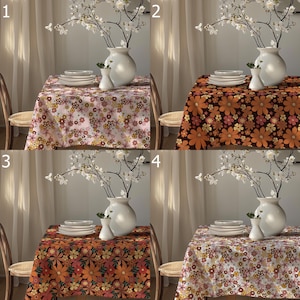 Floral Tablecloths, Retro Flowers Tablecloths, Retro Floral Table Cover, 70s Floral Summer Table Linens, Flowers Print Tablecloth