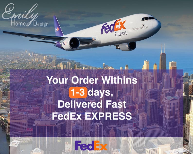 A FedEx Express cargo plane flying over a cityscape, with the text "Your Order Within 1-3 days, Delivered Fast FedEx EXPRESS" overlaid on the image.