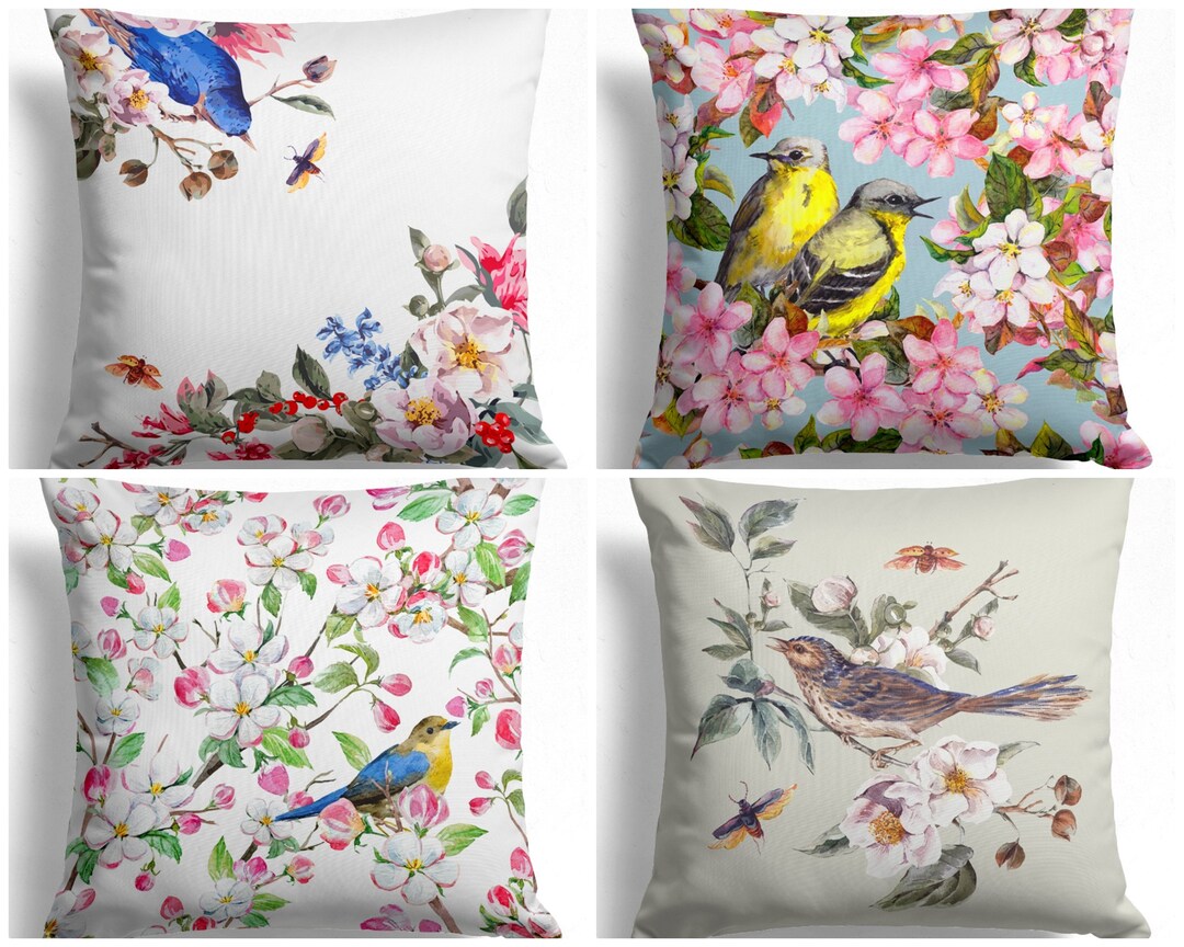 Floral Bird Pillow Case, Bird Pattern Pillow Cover, Tree Branch Pattern