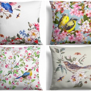 Floral Bird Pillow Case, Bird Pattern Pillow Cover, Tree Branch Pattern Pillow Case, Birds Throw Pillow Cover, Birds Home Decor