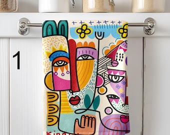 Moderne abstracte theedoeken, theedoek met abstracte gezichtslijnen, moderne kunst bedrukte handdoeken, moderne abstracte handdoek, moderne kunst keukenhanddoeken