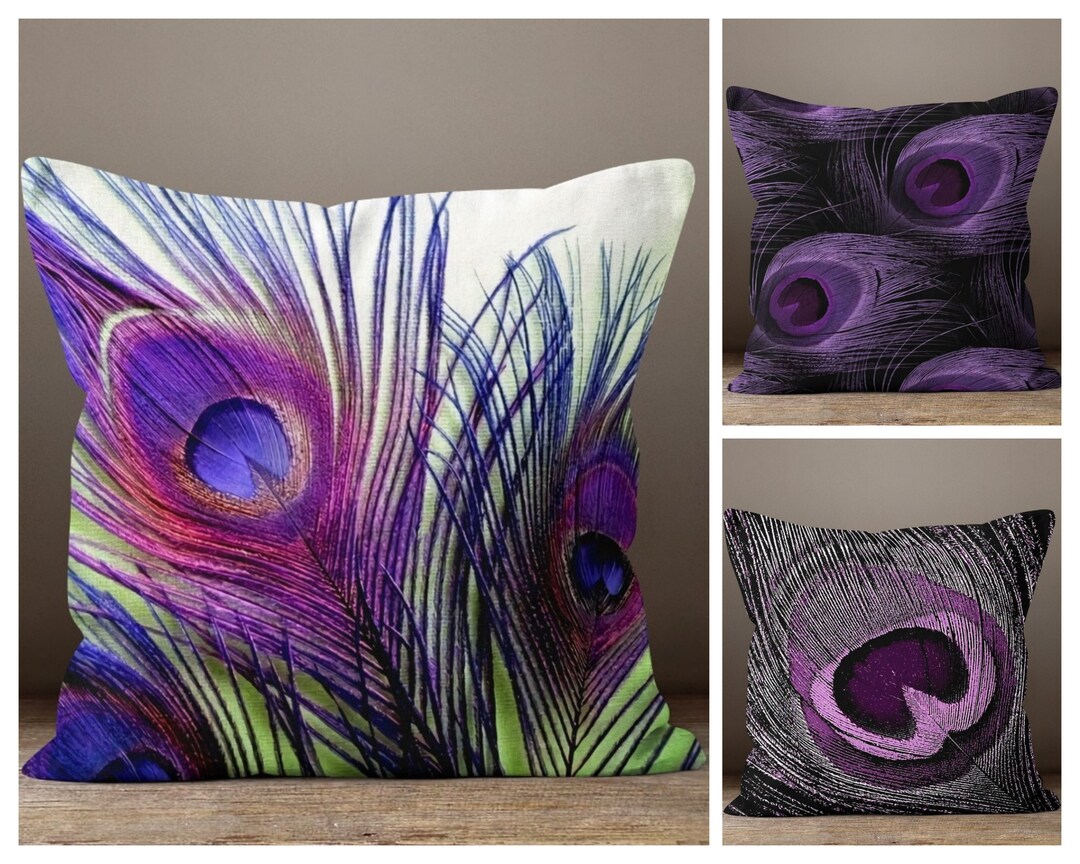 Peacock Pillow Cover, Peacock Cushion Cover, Purple Peacock Feather