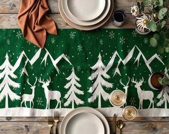 Christmas Table Runner, Deer Forest Runner, Holiday Table Decor