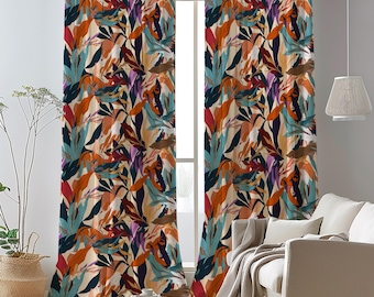 トロピカルボタニカルカーテン、柔らかくカラフルな葉と花のプリント