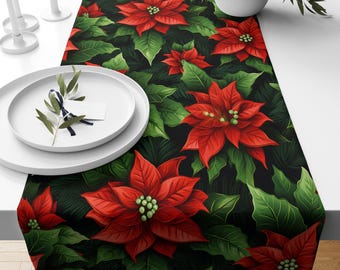 Christmas Poinsettia Table Runner, Winter Flower Table Runner, Christmas Party Table Decor