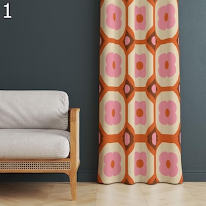 Cortinas modernas de mediados de siglo, cortinas de los años 70, cortinas opacas retro, cortinas con ojales retro de los años 80, cortinas con estampado abstracto retro rosa, cortinas modernas