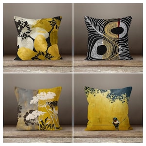 Floral Bird Pillow Case, Yellow Pillow Cover, Decorative Bird Pillow Cover, Boho Flowers Pillow Cover, Summer Trend Cushion, Home Decor