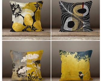 Floral Bird Pillow Case, Yellow Pillow Cover, Decorative Bird Pillow Cover, Boho Flowers Pillow Cover, Summer Trend Cushion, Home Decor