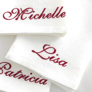 Elevate your table setting with these elegant custom linen napkins, embroidered with names in a refined script. Perfect for weddings, dinner parties, and special occasions, they add a personal touch to any gathering. Made from premium linen, they make a sophisticated wedding or housewarming gift. Customize with your chosen name and thread color for a unique, timeless look!