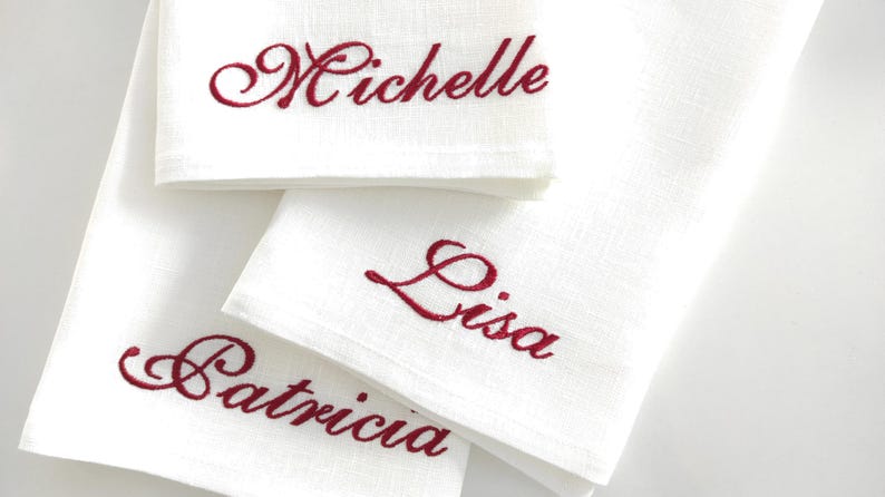 Elevate your table setting with these elegant custom linen napkins, embroidered with names in a refined script. Perfect for weddings, dinner parties, and special occasions, they add a personal touch to any gathering. Made from premium linen, they make a sophisticated wedding or housewarming gift. Customize with your chosen name and thread color for a unique, timeless look!