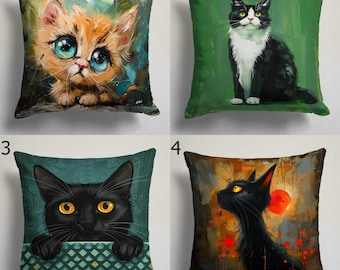 Cojines con arte de gatos realistas, fundas de cojín con gatos caprichosos, fundas de almohada decorativas de gatos negros, fundas de almohada con arte de inspiración felina