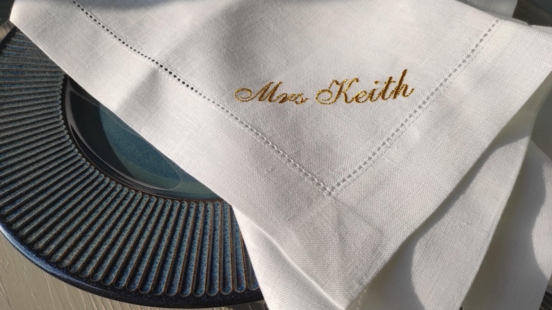 Add a touch of elegance to your table with these personalized linen napkins, beautifully embroidered with custom names. Perfect for weddings, special dinners, and formal gatherings, they bring charm and sophistication to any setting. Made from high-quality linen, they make a thoughtful wedding or housewarming gift. Choose your name and thread color for a unique, timeless look!