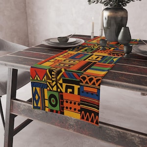 Caminos de mesa africanos coloridos, caminos de mesa étnicos bohemios, caminos de mesa tribales vibrantes, caminos de mesa con estampado kente, decoración de mesa étnica bohemia.