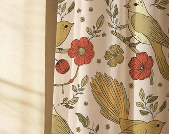 Vintage Floral Birds Linen Curtains, Botanical Cottagecore French Country Drapes