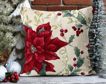 Christmas Floral Berry Pillow Cover, Xmas Home Decor