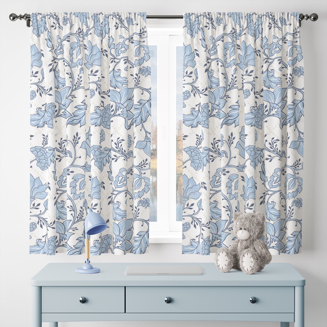Blue Floral Curtain Panels Soft Light Blue Flowers Living Etsy