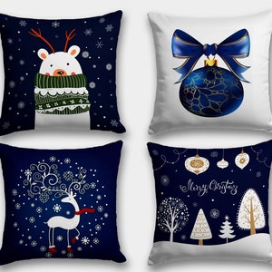 Funda de almohada navideña, funda de cojín con animales lindos de acebo, funda de cojín con ciervo navideño, funda de almohada navideña con animales lindos de invierno azul