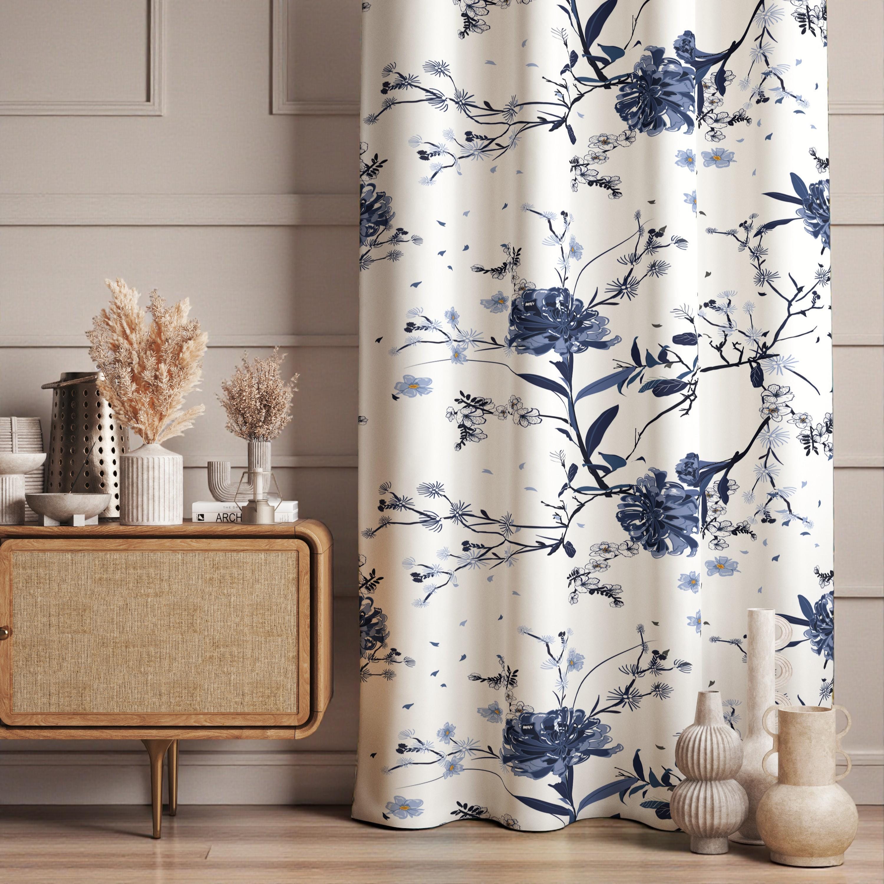 Moderne Blumen Wohnzimmer Vorhänge, Blumen Vorhänge, Blaue Blumen Vorhang Paneele, Blaue Blumen Fenster Vorhänge, Blau Weiß Blume Vorhänge