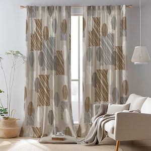 Modern Neutral Geometric Curtains, Beige Brown Window Drapes, Abstract Living Room Curtain Panels, Beige Minimalist Room Decor Panels