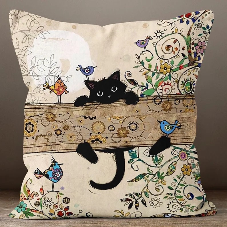 Moslion Cat Face Pillow Cover - 18x18 Inch Cotton Linen Decorative Throw Pillow Case