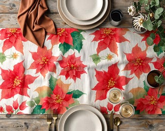 Christmas Poinsettia Table Runner, Red Floral Holiday Table Decor, Xmas Dining Runners