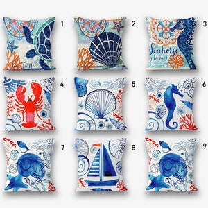 Nautical Sea Life Pillow Cover, Beach Decor Pillow, Navy Marine Pillow Cover, Nautical Cushions, Coastal Throw Pillow, Nautical Decor