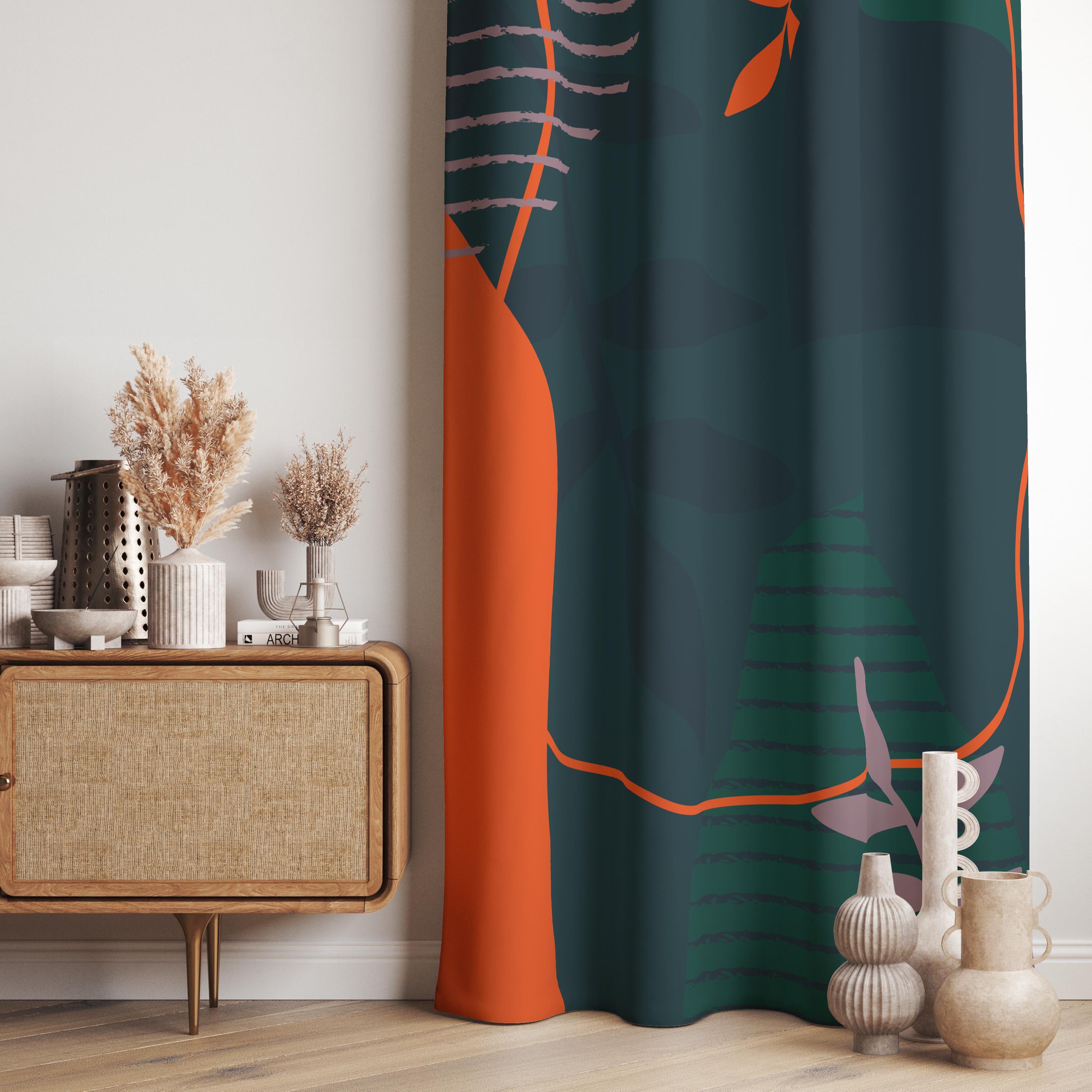 抽象的な窓用カーテン、緑とオレンジのレトロな抽象的なカーテン、70