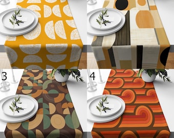 Oranje moderne tafelloper uit het midden van de eeuw, retro tafelloper, mcm tafelloper, retro feesttafeldecor, tafeldecor uit de jaren 70, tafellopers uit de jaren 80