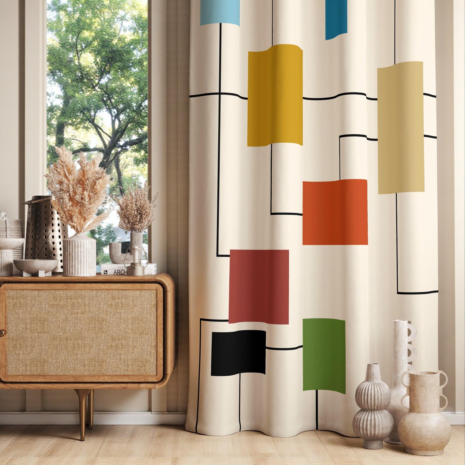 Modern Minimalist Curtains, Geometric Curtain, Retro Printed Curtains