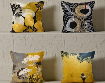 Floral Bird Pillow Case, Yellow Pillow Cover, Decorative Bird Pillow Cover, Boho Flowers Pillow Cover, Summer Trend Cushion, Home Decor