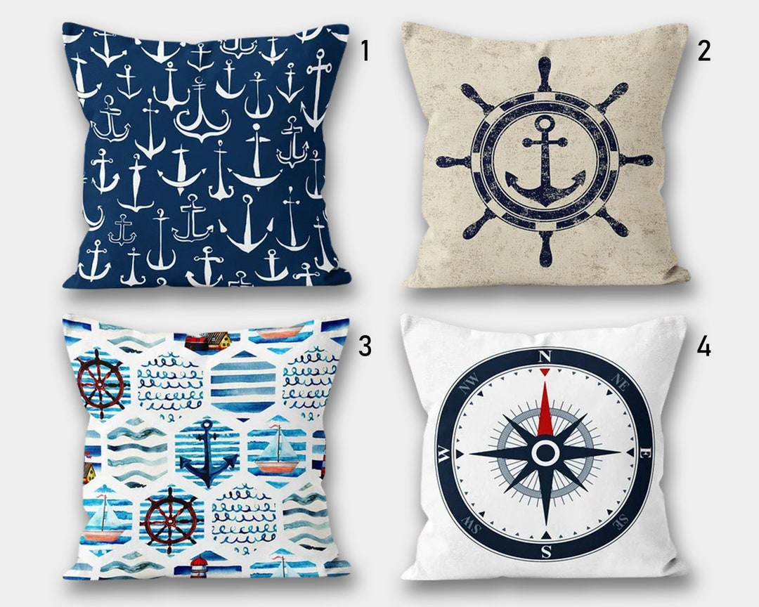 Navy Anchor Pillow Case, Anchor Pillow, Compass Nautical Pillow, Yacht
