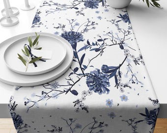 Blue Flowers Table Runner, Floral Coffee Table Runners, Elegant Blue and White Floral Table Runner
