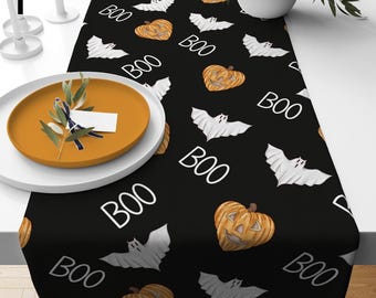 Halloween Black Table Runner, Halloween Boo Table Runner, Halloween Ghost Bat Table Runner, Halloween Gifts, Halloween Party Table Decor