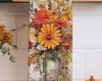 Kökshanddukar med höstblommor och löv, höstkökshanddukar, hösthanddukar, höstdiskhanddukar, Thanksgiving-diskhandduk