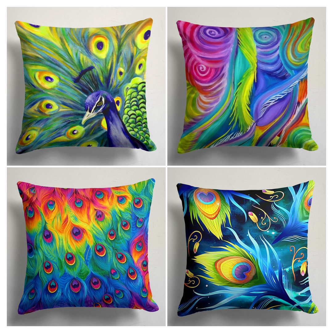 Peacock Pillow Cover, Peacock Cushion Cover, Peacock Tail Throw Pillow