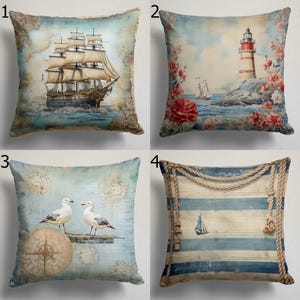 Vintage Nautical Throw Pillow Covers, Ship Lighthouse Seagull Design Pillow Cover, Coastal Home Decor, Rustic Beach House Cushion Covers