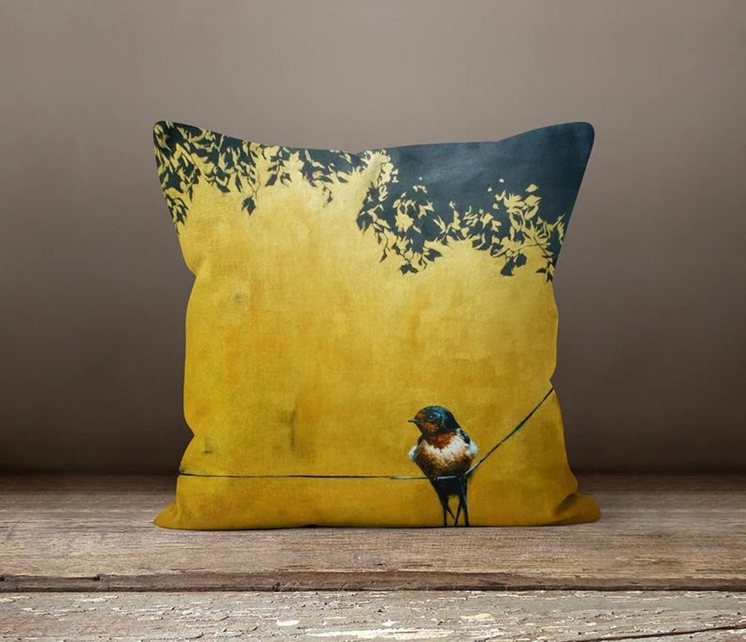 Floral Bird Pillow Case Yellow Pillow Cover Decorative Bird Etsy