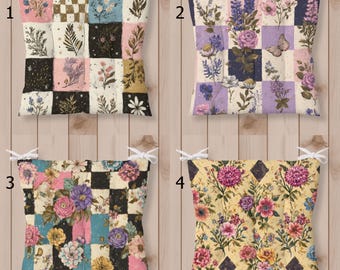 Coussins de chaise patchwork à motifs floraux, coussins d'assise botaniques vintage avec attaches