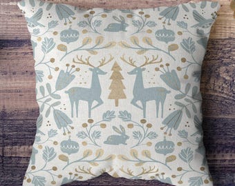 Vintage Scandinavian Winter Cushion Cover, Xmas Winter Animals Scandinavian Pillow Cover, Holly Deer Pillow, Christmas Scandinavian Pillow