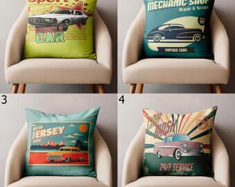 Retro Vintage Cars Throw Pillow Cover, Classic Car Stylized Pillowcase, Retro Classic Automobile Pillow Cover, Classic Car Cushion Covers