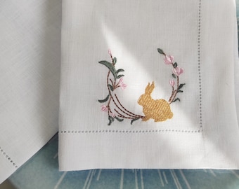 Easter Embroidered Dinner Linen Napkins, Easter Bunny Embroidered Linen Napkins, Peter Rabbit Easter Linen Napkins, Easter Party Table Decor