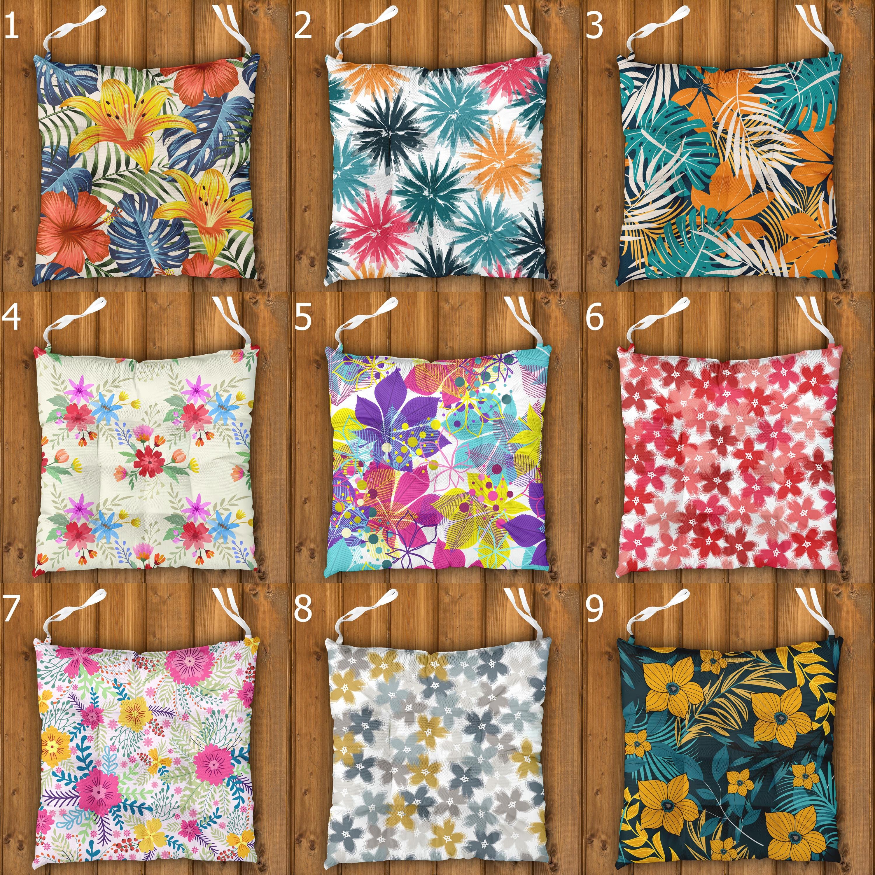 Tropical Chair Pads | Exotic Floral Seat Cushions for Indoor Outdoor | Wipeable, Durable Fabric, Secure Ties