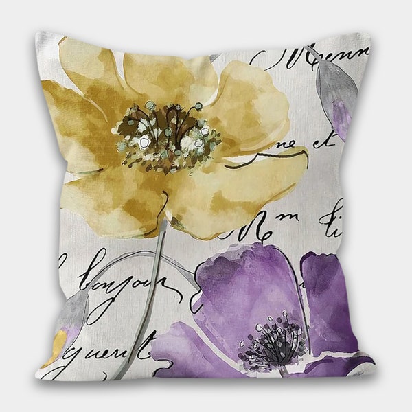 Purple Floral Pillow Cover, Purple Floral Pillow Case, Lilac Couch Pillow, Purple Throw Pillow, Yellow Pillow Covers, Flower Outdoor Pillow